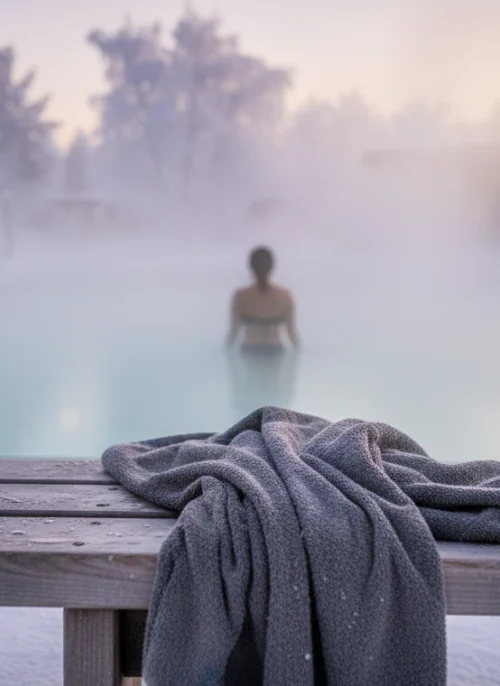 Kobieta wchodzi do gorącego źródła