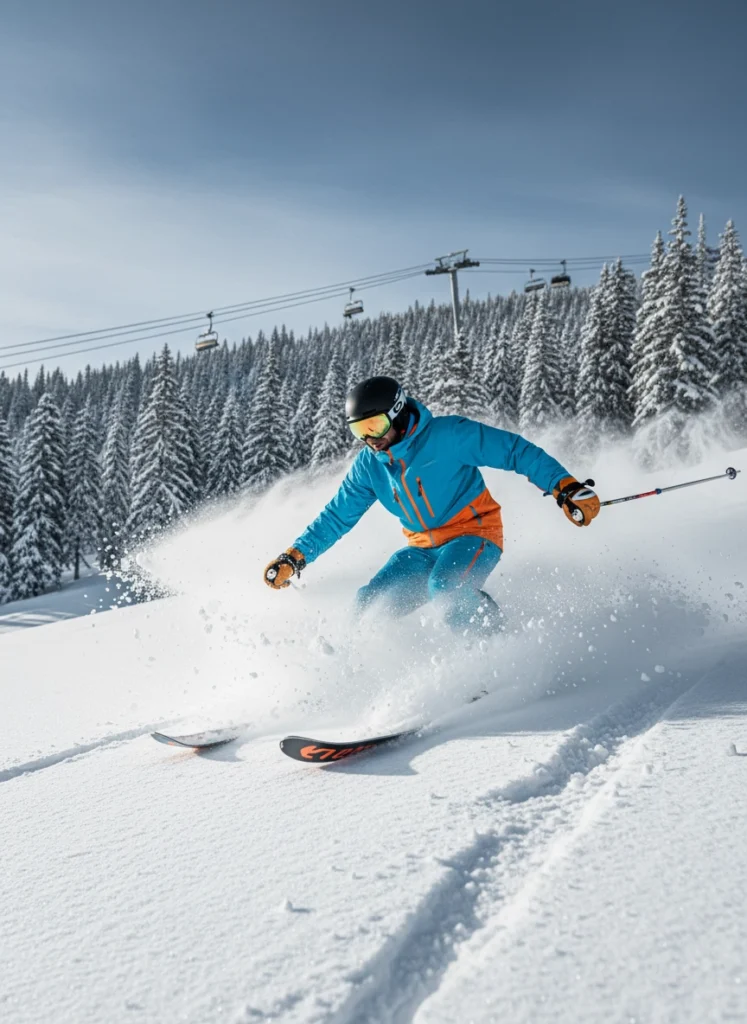 Narciarz jedzie na nartach