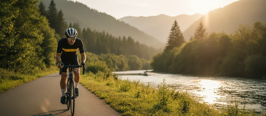 Rowerzysta jedzie wzdłuż rzeki